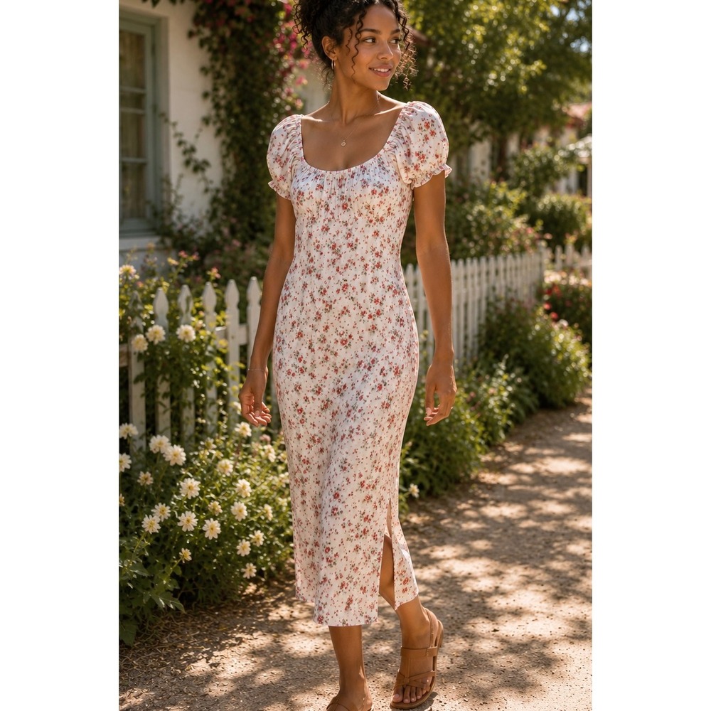H&M Divided Women Midi Dress Cream Red Floral Small Cottagecore Milkmaid Picnic